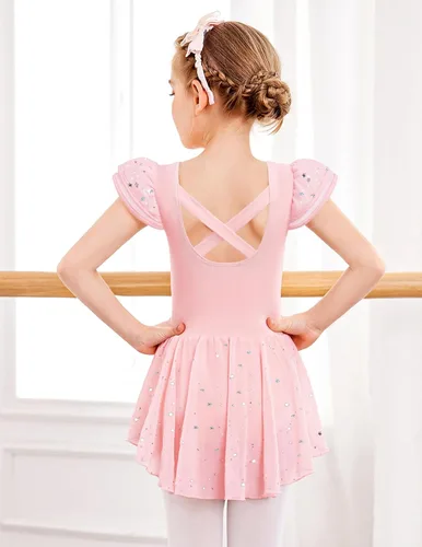 Vista 8 de Zaclotre Leotardo de ballet de manga con volantes y falda para niñas con espalda cruzada