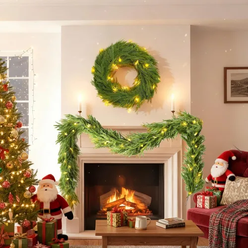 Vista 2 de Guirnalda de Navidad de 12 pies (2 * 6 pies) con luces LED - Guirnalda artificial de pino de Norfolk, flexible y preiluminada, decoración festiva
