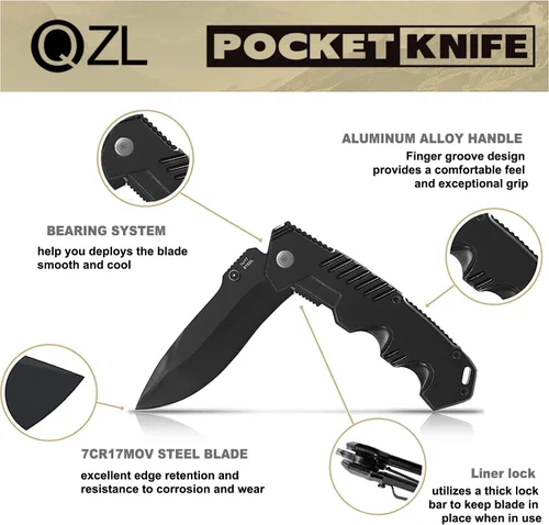 Vista 2 de Cuchillo de bolsillo para hombres, cuchillo plegable con clip, cuchillos de bolsillo EDC con apertura flipper y bloqueo de forro, cuchillo táctico