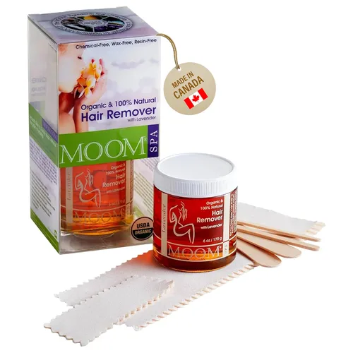 MOOM - Kit de cera de esmalte con lavanda, kit de cera de azúcar en tarro de 6 onzas con 18 tiras de tela reutilizables, alternativa a las tiras de