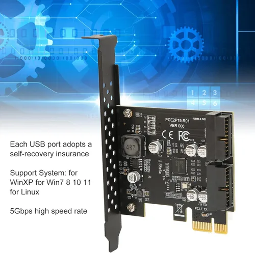 Vista 3 de Zunate Tarjeta PCIe a USB 3.2 GEN1, tarjeta de expansión frontal GEN1 USB3.2 de 5 Gbps, tarjeta de expansión PCI Express, tarjeta vertical