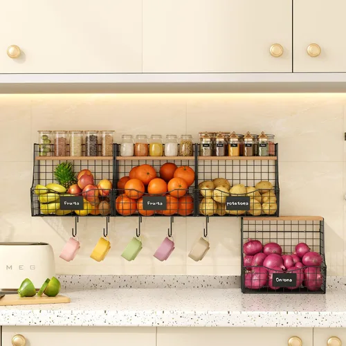 Cesta de frutas para cocina con tapa, cesta de frutas colgante para mostrador y pared, almacenamiento de papas y cebollas, almacenamiento de frutas