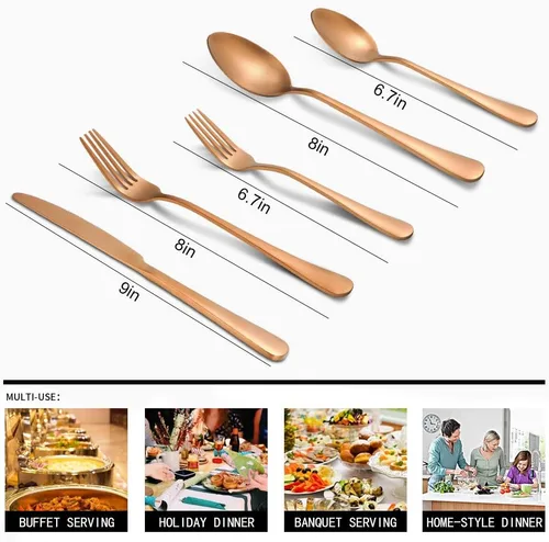 Vista 2 de Juego de cubiertos de oro rosa mate, 20 piezas de acero inoxidable mate oro rosa, juego de cubiertos de servicio para 4, utensilios para cocina