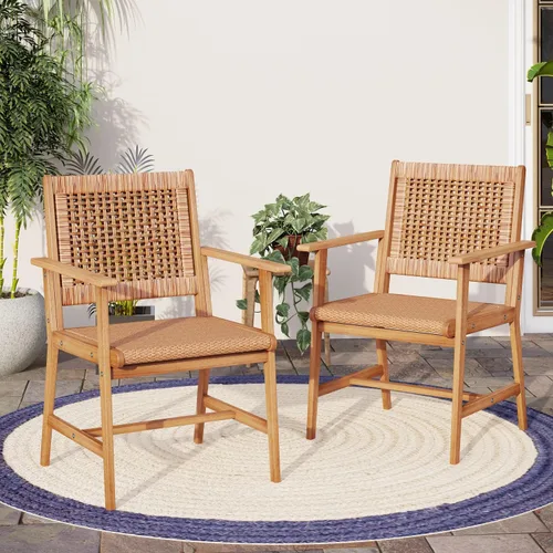 MFSTUDIO Juego de 2 sillas de comedor de madera de acacia para exteriores, con asiento de ratán tejido hecho a mano y respaldo de ratán para jardín,
