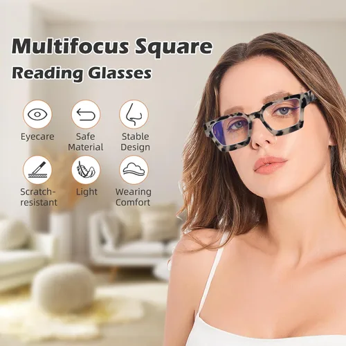 Vista 7 de Paquete de 3 gafas de lectura multifocales progresivas para mujer, retro, cuadrados, multienfoque, lentes para computadora con luz azul