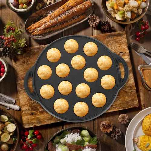 Vista 7 de Cabilock Small 15-Hole Cast Iron Pancake Pan, Round Non-Stick Takoyaki Maker, Black Finish Plate Mold for Poffertje Corn Muffin Biscuit Snail