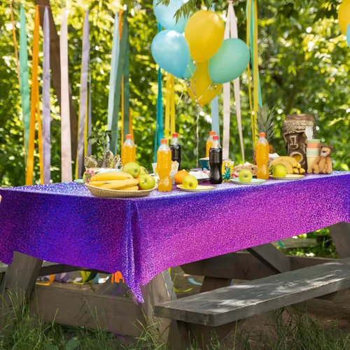 Vista 6 de 4 piezas de manteles holográficos láser morados iridiscentes brillantes, cubiertas de mesa de 40" x 108", manteles rectangulares desechables