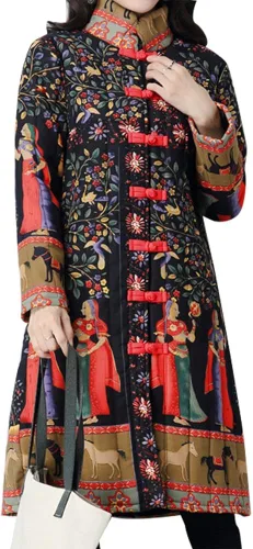 Vista 2 de IDEALSANXUN Abrigo largo de lino de algodón vintage estampado floral ligero gabardina con botón largo abajo chaqueta bata