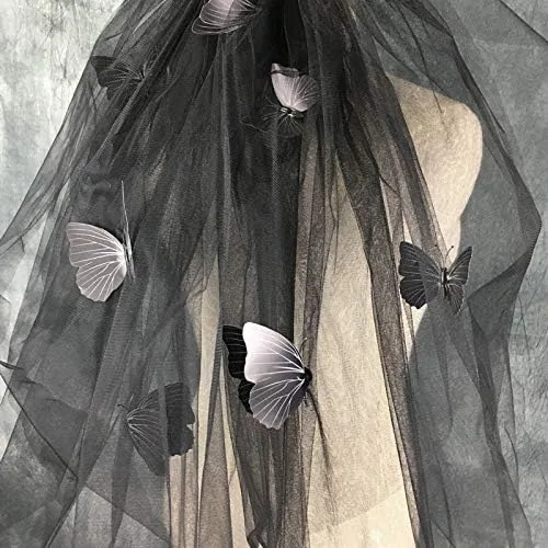 Vista 6 de Disfraz de Halloween negro velo largo de tul para novia, boda, velo catedral, tocado