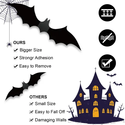 Vista 4 de 180 decoraciones de Halloween de murciélagos, decoración de pared de murciélagos 3D, suministros de fiesta de murciélagos de Halloween de PVC