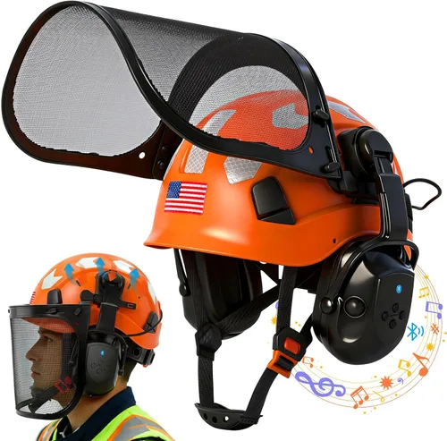 Vista 12 de Aolamegs Casco de motosierra con protector facial y orejeras, casco forestal naranja con protección auditiva y máscara de malla completa, casco
