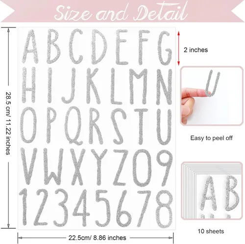 Vista 2 de Calcomanías de letras del alfabeto con purpurina, 360 piezas, 10 hojas de letras autoadhesivas (plateado, 2 pulgadas)