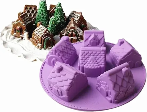 Vista 2 de PhantomSky Molde de silicona para casa de jengibre de 6 celdas para hornear, cupcakes, cubitos de hielo, chocolate, gelatina, caramelo, jabón hecho