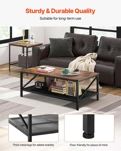 Vista 7 de VEVOR Juego de 3 mesas para sala de estar, mesa de café industrial de 41.3 pulg con 2 mesas auxiliares cuadradas, juego de mesas de café