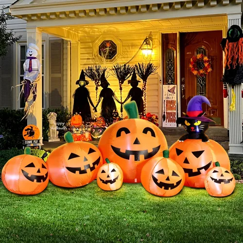 Vista 3 de DomKom Calabaza inflable de 8 pies de largo con gato negro, decoración de Halloween al aire libre con luces LED