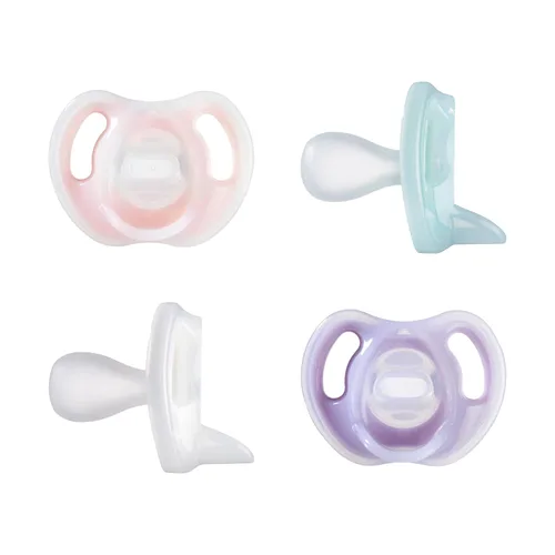 Tommee Tippee - Chupete de silicona ultra ligero, 0-6 meses, diseño simétrico de una pieza, chupetes libres de BPA, rosa/morado/verde, paquete de 4