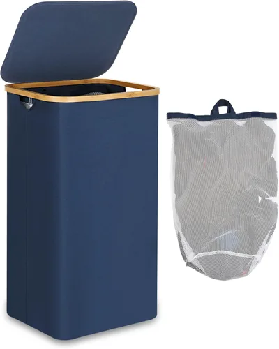 Vista 28 de efluky Cesta de lavandería delgada con tapa, cesta estrecha para la ropa sucia con bolsa extraíble, cesta de ropa sucia delgada con asas de bambú