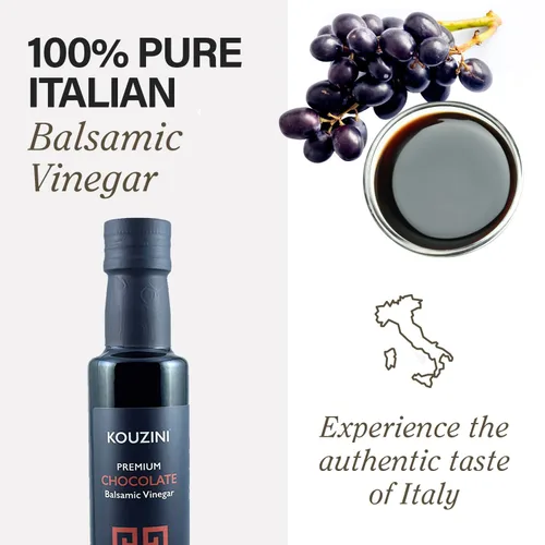 Vista 2 de Kouzini Vinagre balsámico de chocolate ultra premium, vinagres balsámicos añejos de Módena, Italia, sabor premium, suave y con cuerpo, botella