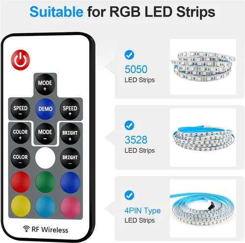 Vista 7 de RGBZONE Controlador LED remoto inalámbrico RF, DC 5V/12V/24V para 5050 3528 5630 luces de tira LED, mini controlador de 4 pines RF LED
