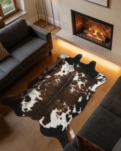 Alfombra de piel de vaca sintética con estampado de vaca: 4.6 x 5.2 pies, alfombra rústica de decoración occidental para dormitorio, sala de estar,
