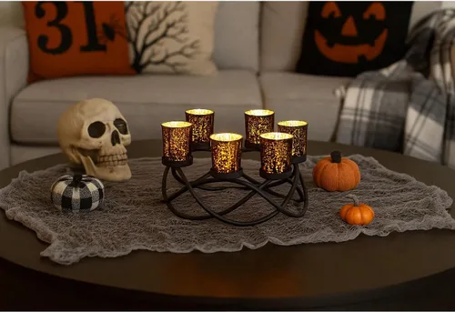 Vista 7 de Seraphic Portavelas de Halloween Decoración de Centro de Mesa – Portavelas de Hierro Metal Negro de 6 Copas para Velas Votivas y de Té para Mesa