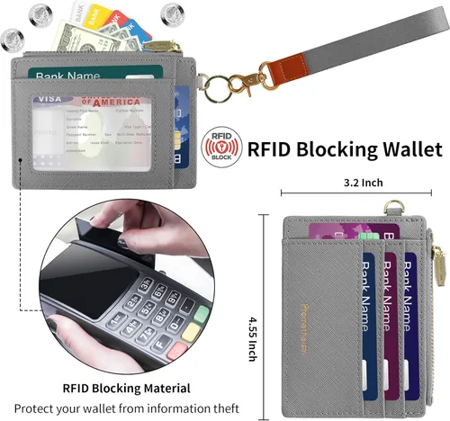 Vista 4 de Prometheism Small Wallet for Women RFID Card Holder ID Case Wallet with key chain Wristlet Keychain with Coin Purse (A-Gray)