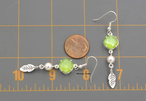 Vista 4 de Lime Green Cushion Crystal Feather Dangle Earring - Charm, Silver Tone 1.75-in