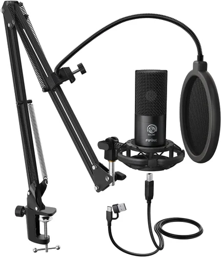 FIFINE Micrófono USB de condensador de estudio, kit de micrófono para computadora con brazo de brazo ajustable, soporte de choque para instrumentos,