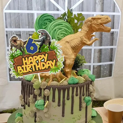 Vista 4 de ChienMin Decoración para pastel de cumpleaños de 6 años, dinosaurio jurásico de la selva de dinosaurio, decoración de fiesta de cumpleaños de 6