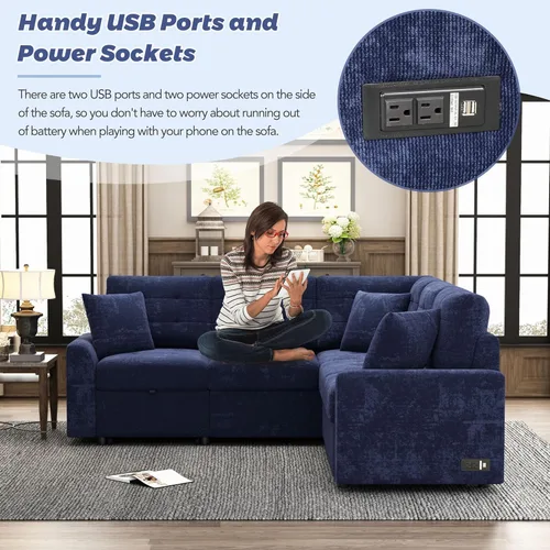 Vista 120 de Sofá modular en forma de L de 100.7 pulgadas con otomana extraíble, modernos sofás de 3 plazas con dos reposabrazos y patas de metal, cómoda tela