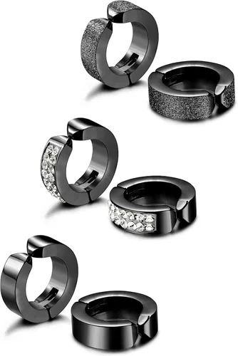 Vista 3 de Jstyle 3 pares de aretes de aro de acero inoxidable para hombre y mujer con circonita cúbica sin perforación