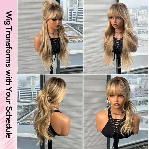 Vista 2 de topshe Peluca ondulada de color rubio ceniza con flequillo, cabello sintético resistente al calor para mujeres, capas de mariposa preestilizadas