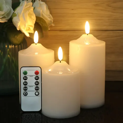 Vista 2 de GenSwin Velas parpadeantes sin llama, velas LED impermeables con control remoto y temporizador, velas de pilar de mecha 3D que funcionan