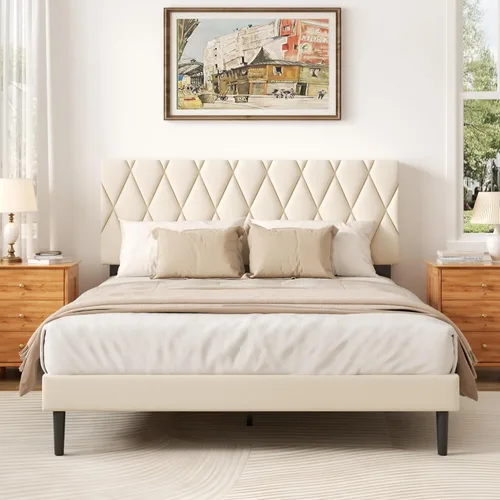 Vista 3 de CXVX Marco de cama tamaño completo con cabecera capitonada de diamante, cama plataforma tapizada en terciopelo y soporte de listones de madera, sin