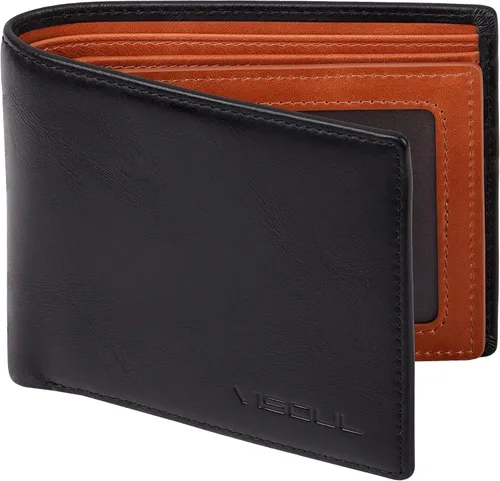 VISOUL Cartera plegable para hombre con 2 ventanas de identificación, tarjetero de cuero genuino con bloqueo RFID para hombres (negro y borgoña),