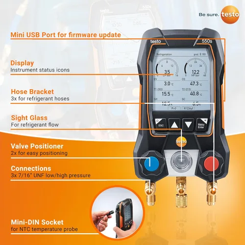 Vista 2 de Testo 550s Smart Kit - Colector digital con válvula de 2 vías, sondas de temperatura 115i (x2), sonda de vacío 552i, juego de mangueras