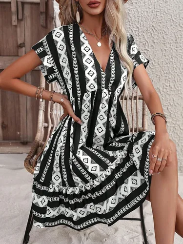 Vista 3 de WDIRARA Mini vestido corto de manga Dolman con cuello en V profundo y estampado geométrico bohemio para mujer