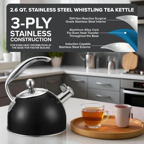 Vista 2 de Viking Tetera de acero inoxidable de 3 capas, olla de agua caliente de 2.6 cuartos de galón con tapa de vidrio templado, mango ergonómico, listo