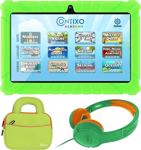 Contixo Paquete de tabletas para niños de 7 pulgadas, con auriculares, bolsa y tableta para niños, 32 GB, Android 11, controles parentales, cámara