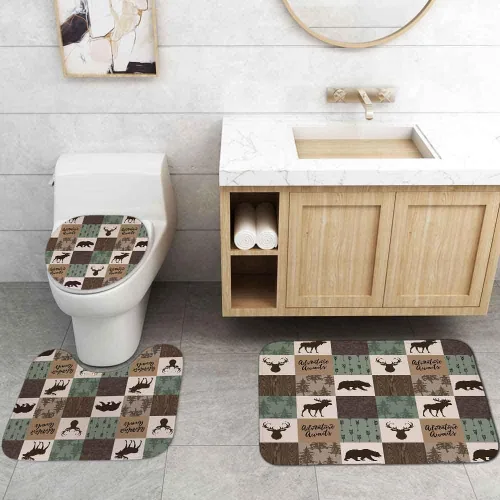 Vista 103 de Camille&Andrew - Juego de 4 cortinas de ducha de tela de ciervo rústico negro, alce, alce, pino, luna, casa de campo, panel rústico, tablero