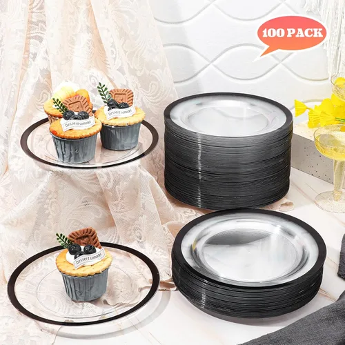 Vista 4 de Tanlade 100 platos de plástico negro transparente a granel de 7.5 pulgadas desechables de alta resistencia con borde rojo redondo ensalada postre