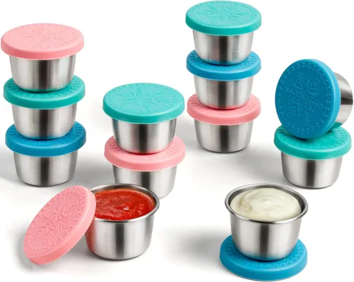 Vista 8 de Freshmage [Paquete de 6 de 2.4 onzas] Recipiente de aderezo de acero inoxidable con tapas de silicona, recipientes reutilizables a prueba de fugas
