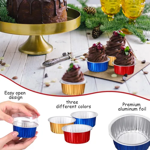 Vista 3 de Thenshop 150 moldes de papel de aluminio para hornear con tapas, moldes desechables de 5 onzas, moldes para magdalenas, moldes para magdalenas, rojo
