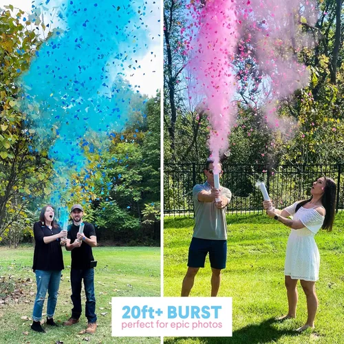 Vista 4 de PrimePure Cañón de confeti para revelación de género, polvo biodegradable y confeti en forma de corazón, 2 rosas y 2 azules, paquete de 4