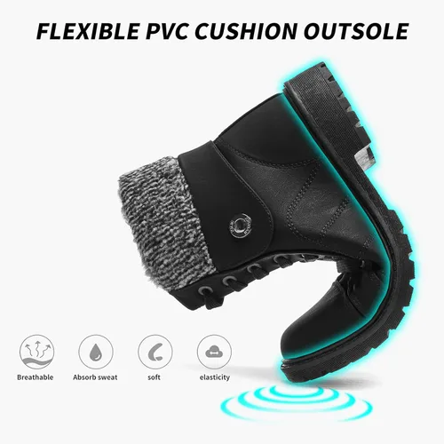 Vista 4 de Botas de combate de piel sintética para mujer, con forro de piel cálida, botines negros con cremallera lateral, botas de invierno antideslizantes