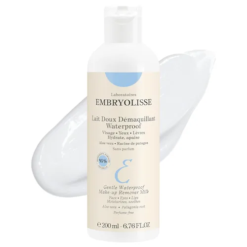 Embryolisse Leche desmaquillante suave e impermeable, limpiador facial hidratante 4 en 1 para pieles sensibles con aloe vera y manteca de karité,