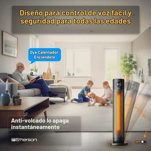 Vista 6 de Emerson SmartVoice - Calentador de espacio en torre de 32 pulgadas, control de voz sin conexión, calentamiento rápido de 1500 W, oscilación de 65°