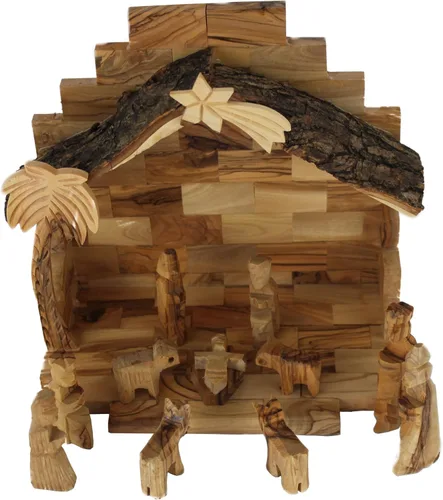 Vista 3 de Holy Land Market Juego de pesebre de madera de olivo, 12 piezas con techo