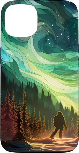 Vista 6 de Funda para iPhone 15 Bigfoot Sasquatch Forest Northern Lights Starry Sky