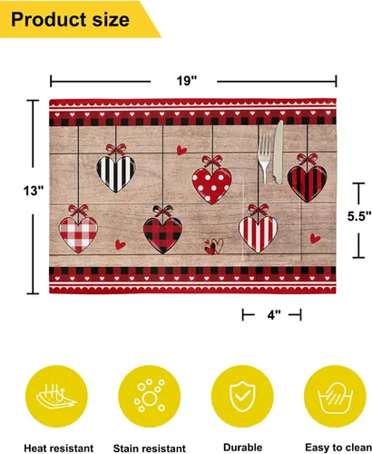 Vista 6 de Valentine's Table Placemats for Dining Table Set of 2,Cotton Linen Cloth Kitchen Place Mats with Pocket,Washable SquareRectangleRoundOblong Table